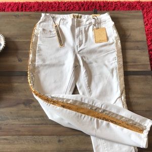 White denim with silver and gold sequins stripe...